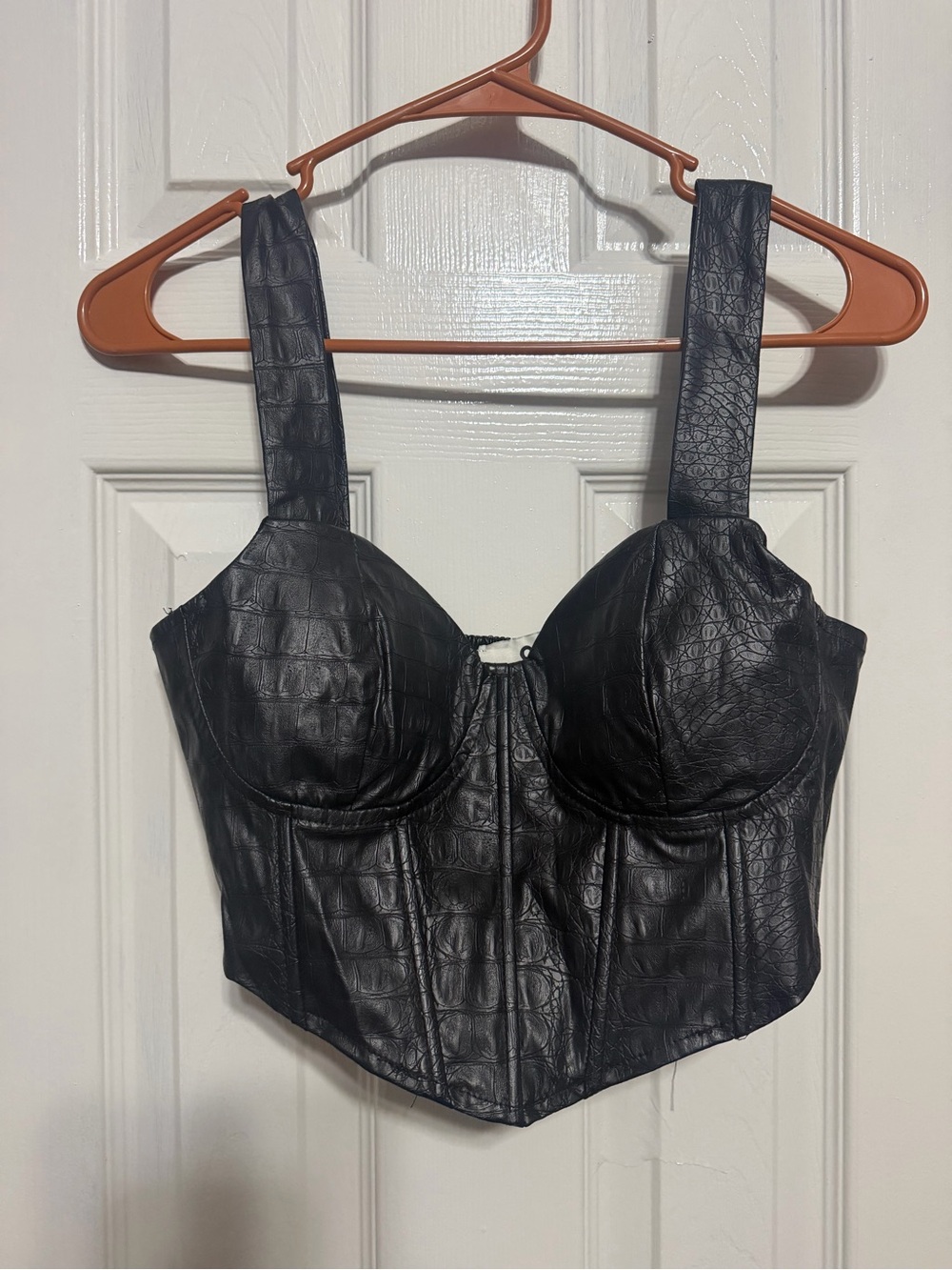 OTTO Black Faux Leather Cropped Bustier Top with Wide Straps